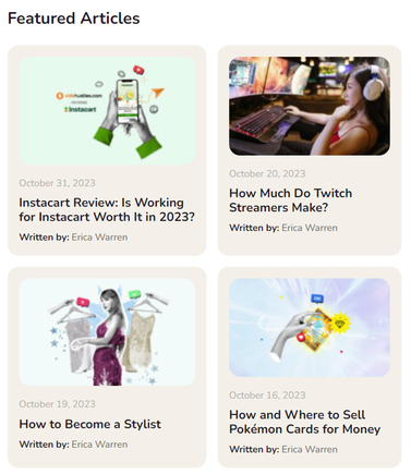 Screenshot of four thumbnails of articles written by Erica Warren for Side Hustles