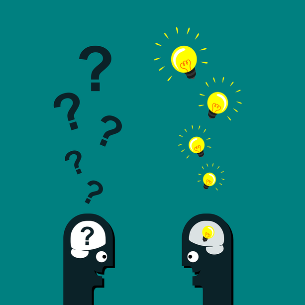 Two figures talking, one with question marks rising from their head, one with light bulbs rising from their head