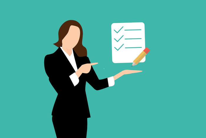 Cartoon woman in business attire pointing at a checklist on a teal background